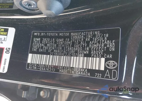 2018 Toyota Corolla Le из США, поврежденный, VIN 2T1BURHE2JC107088